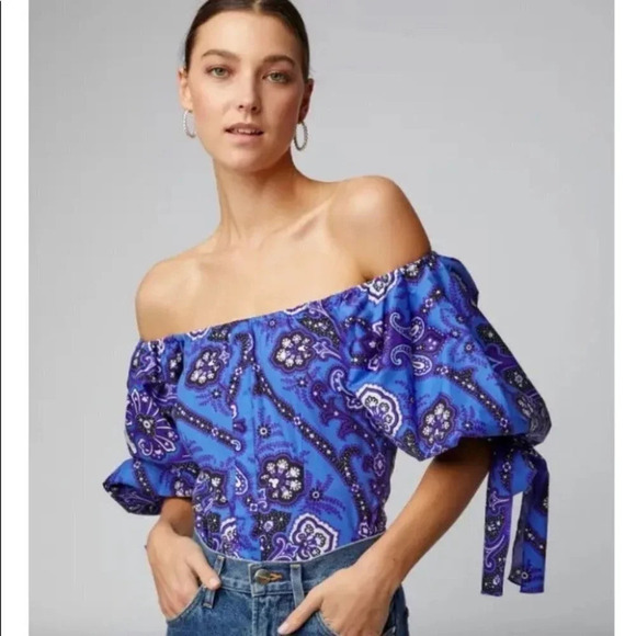 NWT Caroline Constas Nella Paisley Floral Off the Shoulder Puff Sleeve Top Blue - Picture 2 of 10